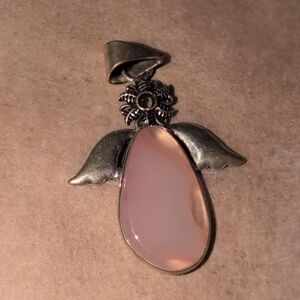 925 Sterling Silver Pink Agate Gemstone Angel Pendant
